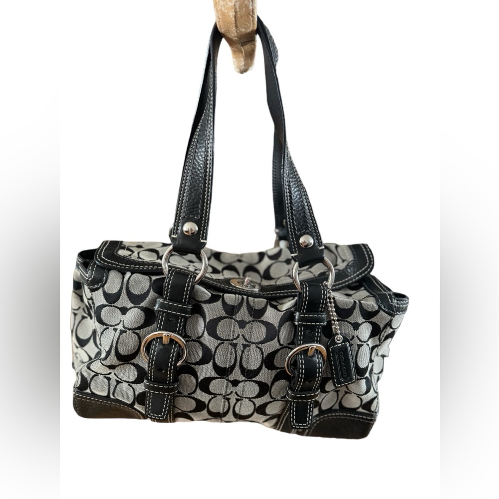 COACH Chelsea BLACK GRAY Signature Jacquard Turn Lock Duffel Satchel Bag.